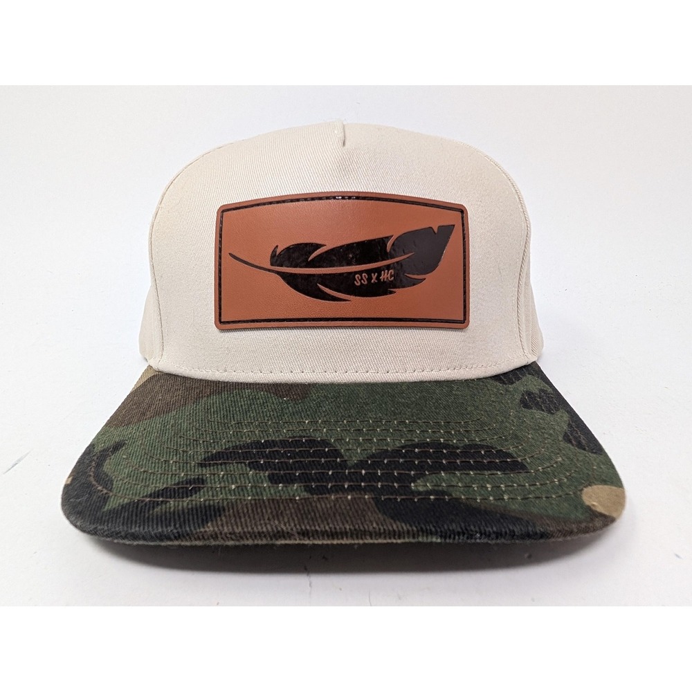 Southern String Hat Co Hat Cap Snap Back Camo Leather Feather Patch Mens
